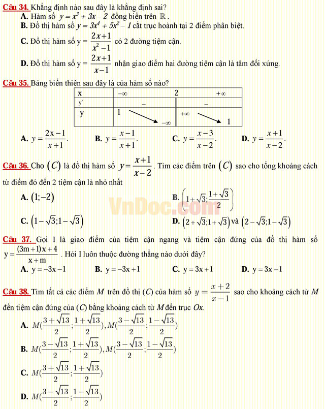 Câu hỏi trắc nghiệm môn Toán lớp 12: Đường tiện cận