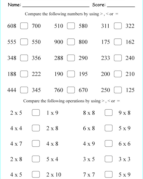 Bài tập Toán Tiếng Anh lớp 2: Comparing & Ordering