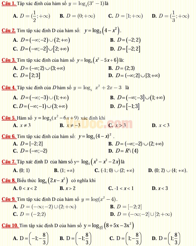 Câu hỏi trắc nghiệm môn Toán lớp 12: Hàm số lôgarit