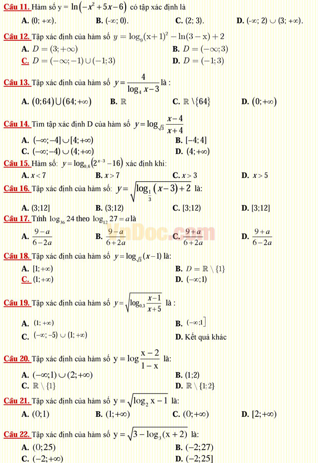 Câu hỏi trắc nghiệm môn Toán lớp 12: Hàm số lôgarit