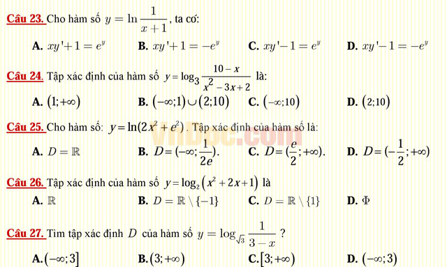 Câu hỏi trắc nghiệm môn Toán lớp 12: Hàm số lôgarit