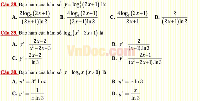 Câu hỏi trắc nghiệm môn Toán lớp 12: Hàm số lôgarit