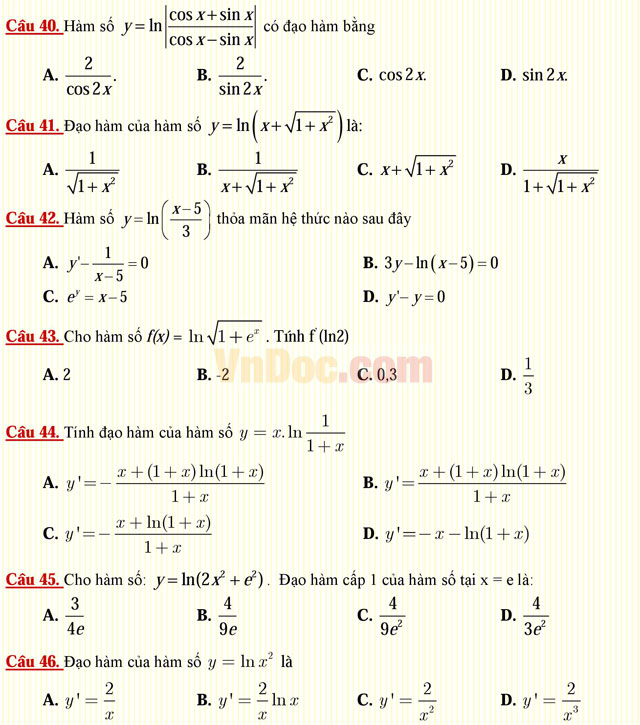 Câu hỏi trắc nghiệm môn Toán lớp 12: Hàm số lôgarit