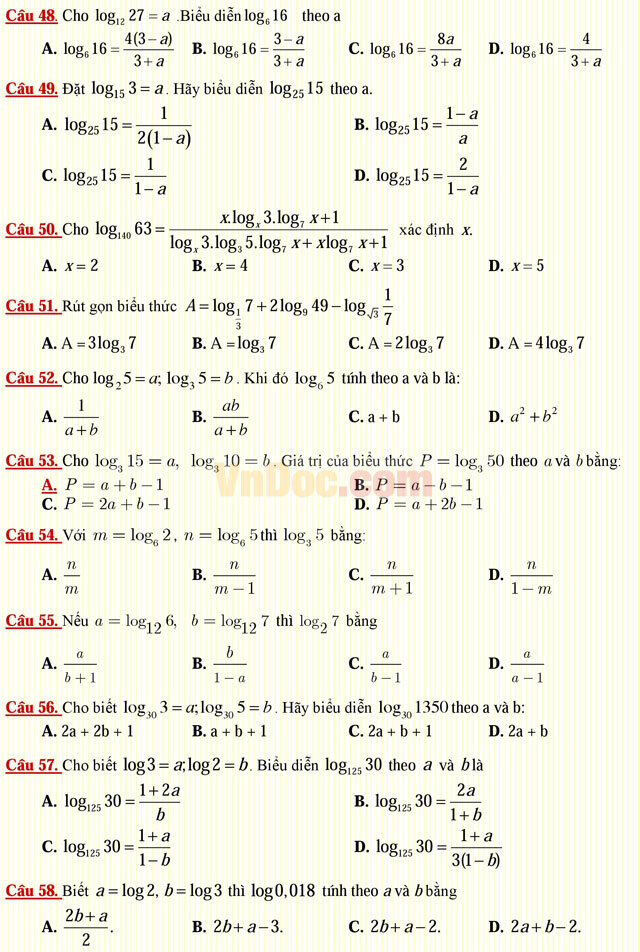 Câu hỏi trắc nghiệm môn Toán lớp 12: Hàm số lôgarit