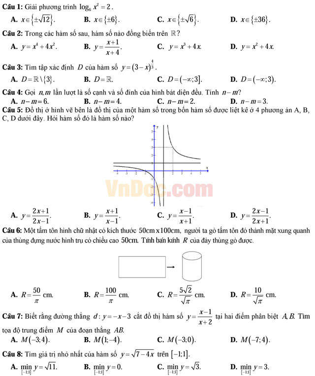 Đề thi thử THPT Quốc gia năm 2017 môn Toán có đáp án