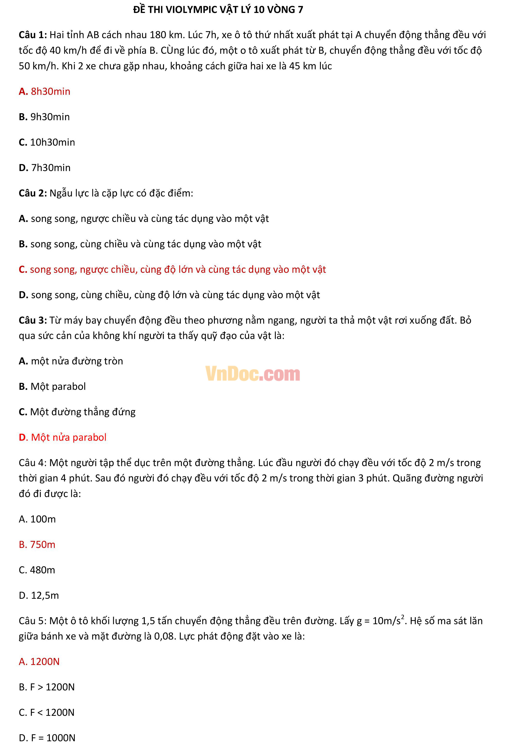 Đề thi Violympic Vật Lý lớp 10 vòng 7 Đề thi Violympic Vật Lý lớp 10 vòng 7