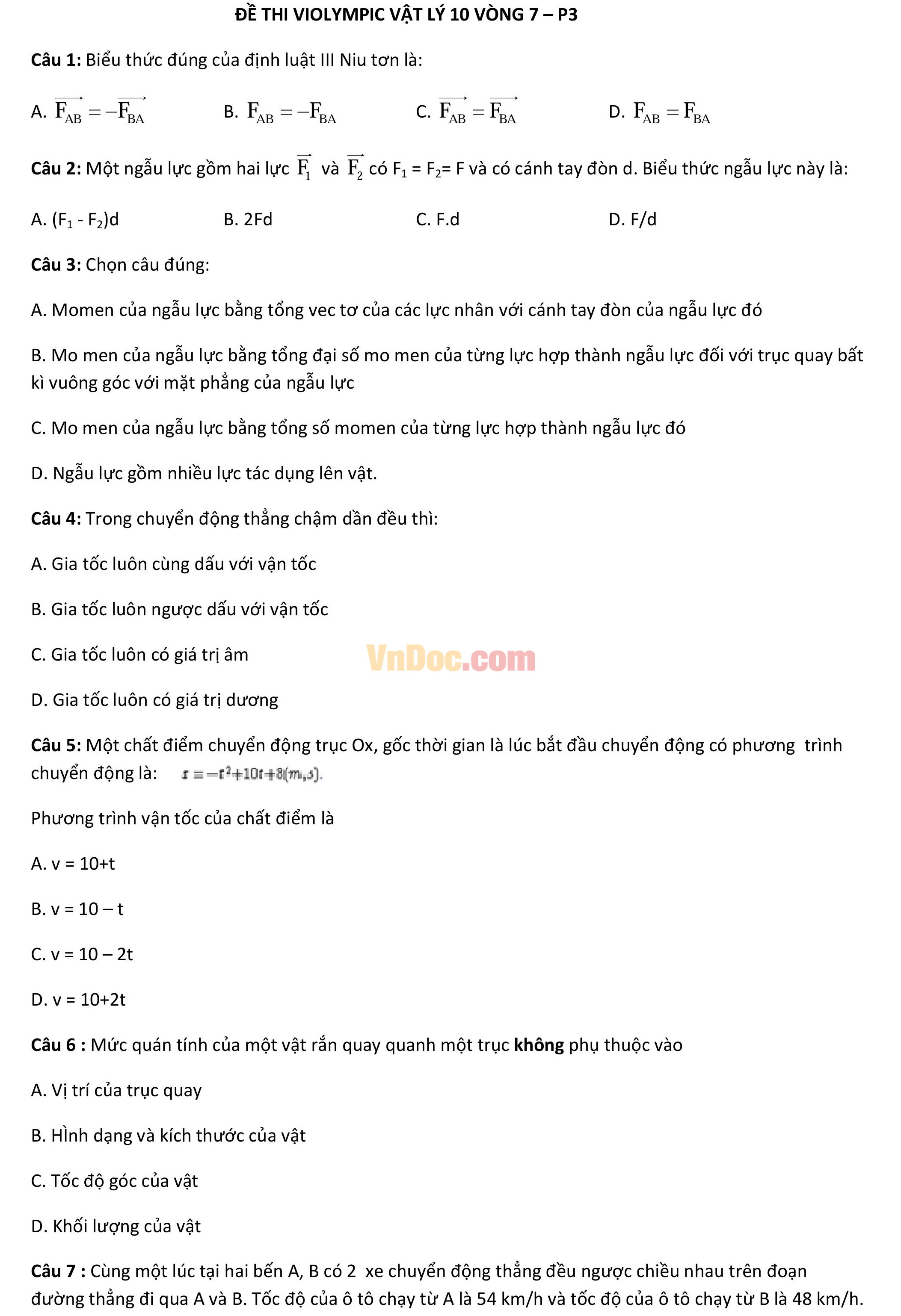 Đề thi Violympic Vật Lý lớp 10 vòng 7 Đề thi Violympic Vật Lý lớp 10 vòng 7