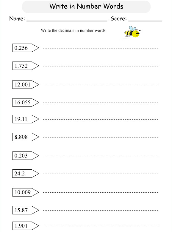 Bài tập Toán Tiếng Anh lớp 5: Write Decimals Words up to Thousandths