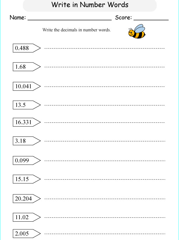 Bài tập Toán Tiếng Anh lớp 5: Write Decimals Words up to Thousandths