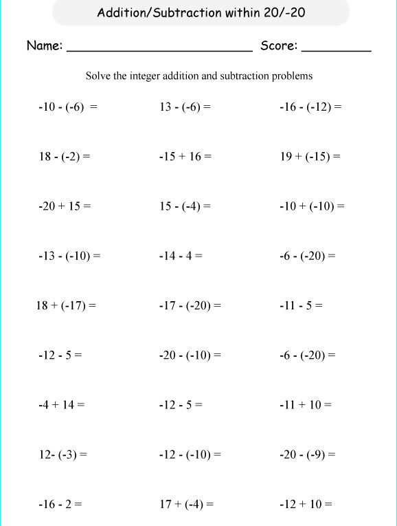 Bài tập Toán Tiếng Anh lớp 6: Add/ Subtract Integers