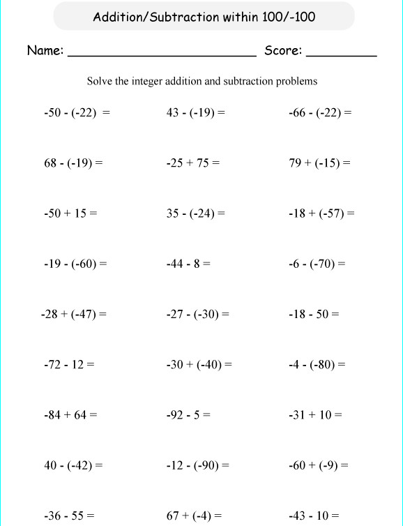 Bài tập về cộng, trừ 2 số nguyên