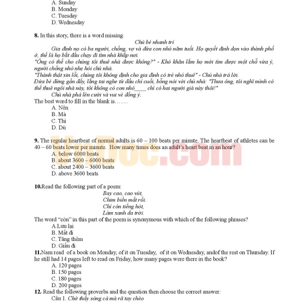 Đề thi tuyển sinh vào lớp 6 môn Tiếng Anh