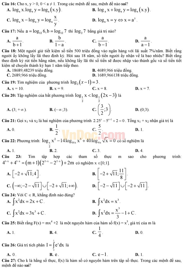 Đề thi trắc nghiệm môn Toán lớp 12 THPT Quốc gia năm 2017