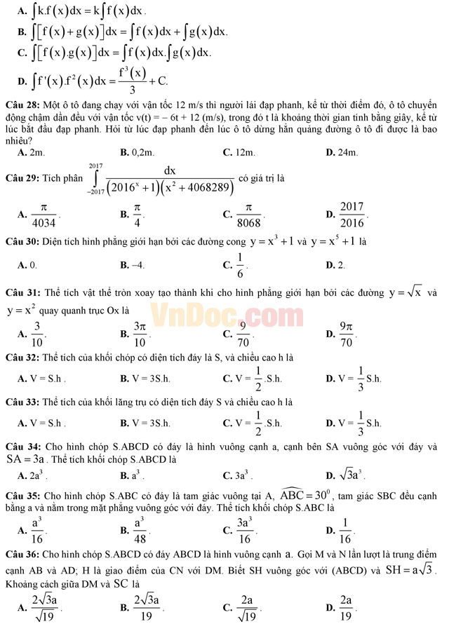 Đề thi trắc nghiệm môn Toán lớp 12 THPT Quốc gia năm 2017