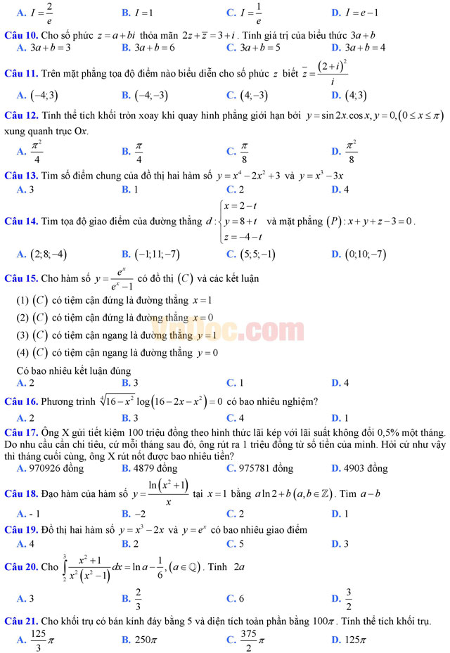 Đề thi trắc nghiệm môn Toán lớp 12 có đáp án