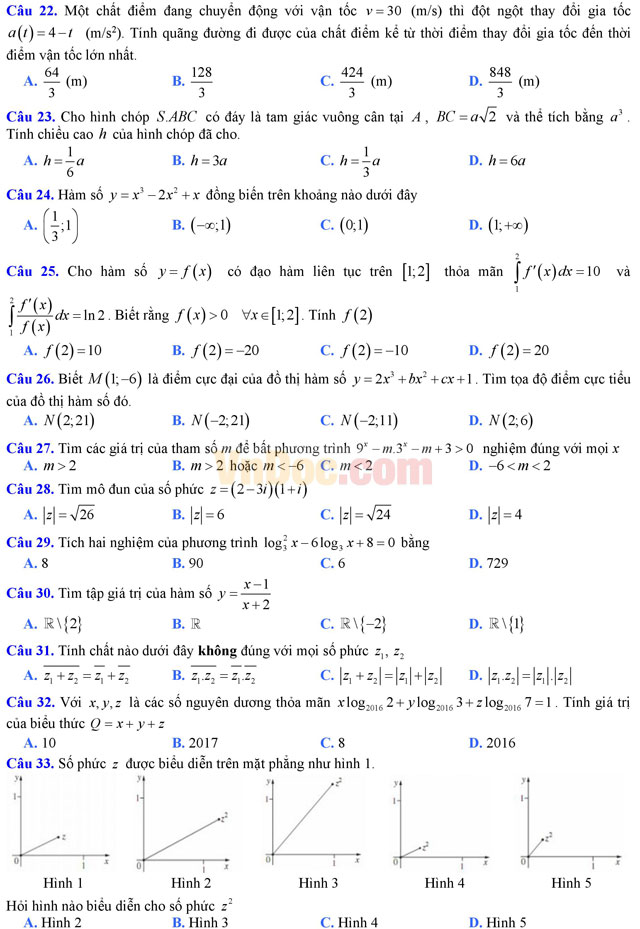 Đề thi trắc nghiệm môn Toán lớp 12 có đáp án