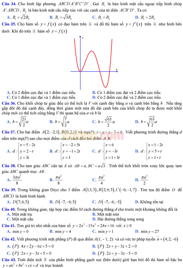 Đề thi trắc nghiệm môn Toán lớp 12 có đáp án