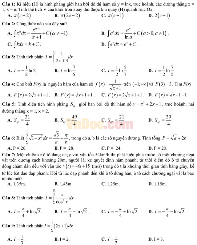 Đề kiểm tra 45 phút học kì 2 môn Toán lớp 12 có đáp án