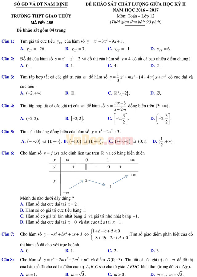 Đề thi giữa học kì 2 môn Toán lớp 12