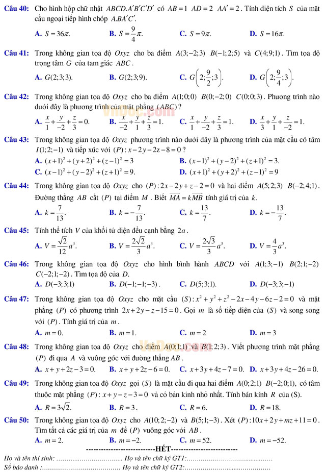 Đề thi giữa học kì 2 môn Toán lớp 12