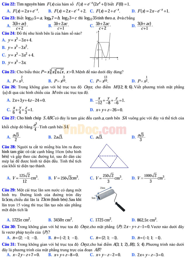 Đề thi trắc nghiệm môn Toán lớp 12 có đáp án