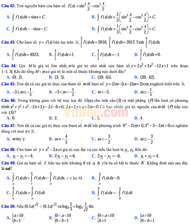 Đề thi trắc nghiệm môn Toán lớp 12 có đáp án