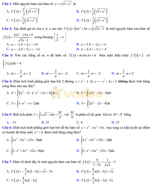 Đề thi giữa học kì 2 môn Toán lớp 12 có đáp án