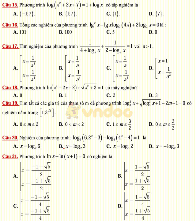 Câu hỏi trắc nghiệm môn Toán lớp 12: Phương trình lôgarit