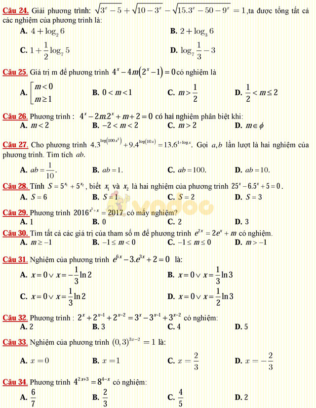 Câu hỏi trắc nghiệm môn Toán lớp 12: Phương trình mũ