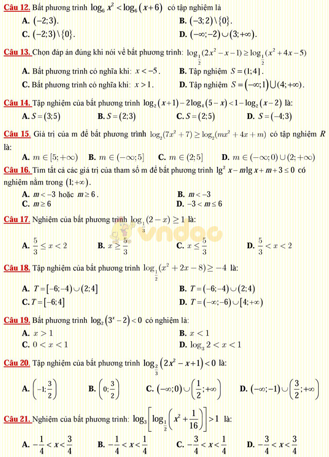Câu hỏi trắc nghiệm môn Toán lớp 12: Bất phương trình lôgarit