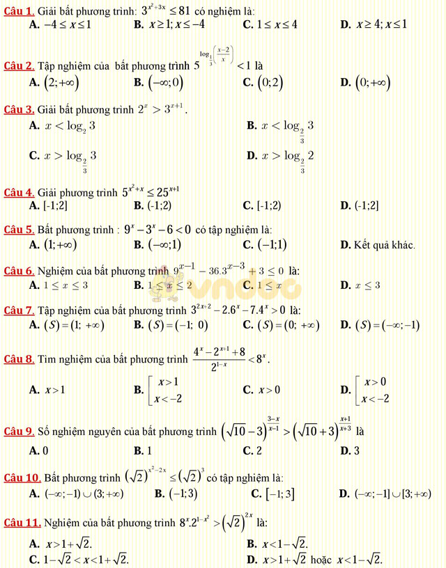 Câu hỏi trắc nghiệm môn Toán lớp 12: Bất phương trình mũ