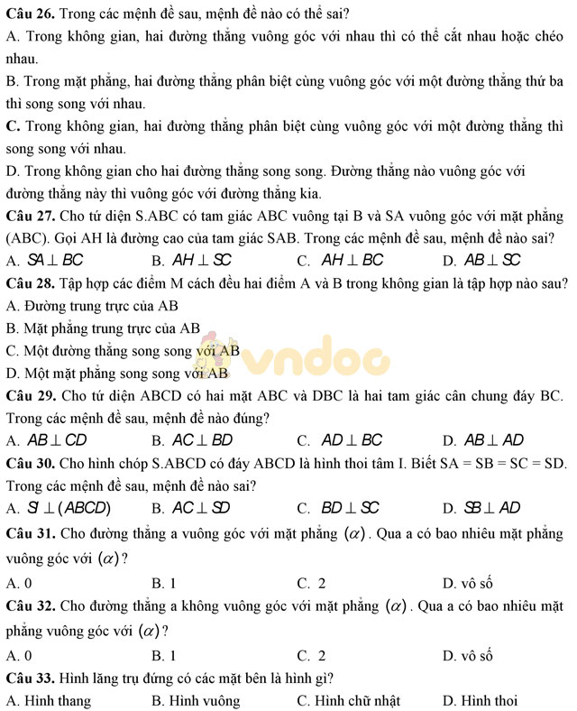 Bài tập trắc nghiệm Hình học lớp 11: Quan hệ vuông góc