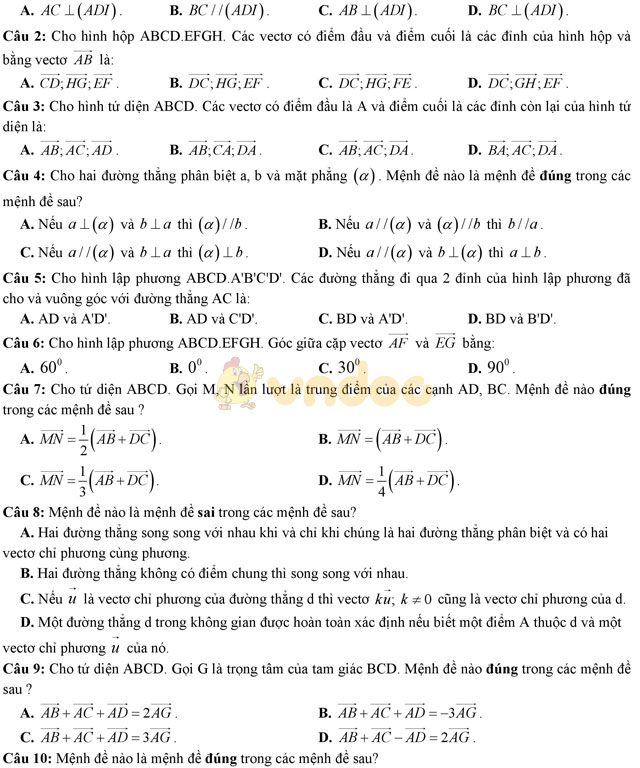 Đề kiểm tra 45 phút chương 3 Hình học lớp 11