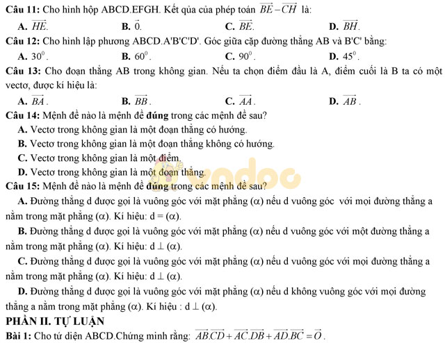Đề kiểm tra 45 phút chương 3 Hình học lớp 11