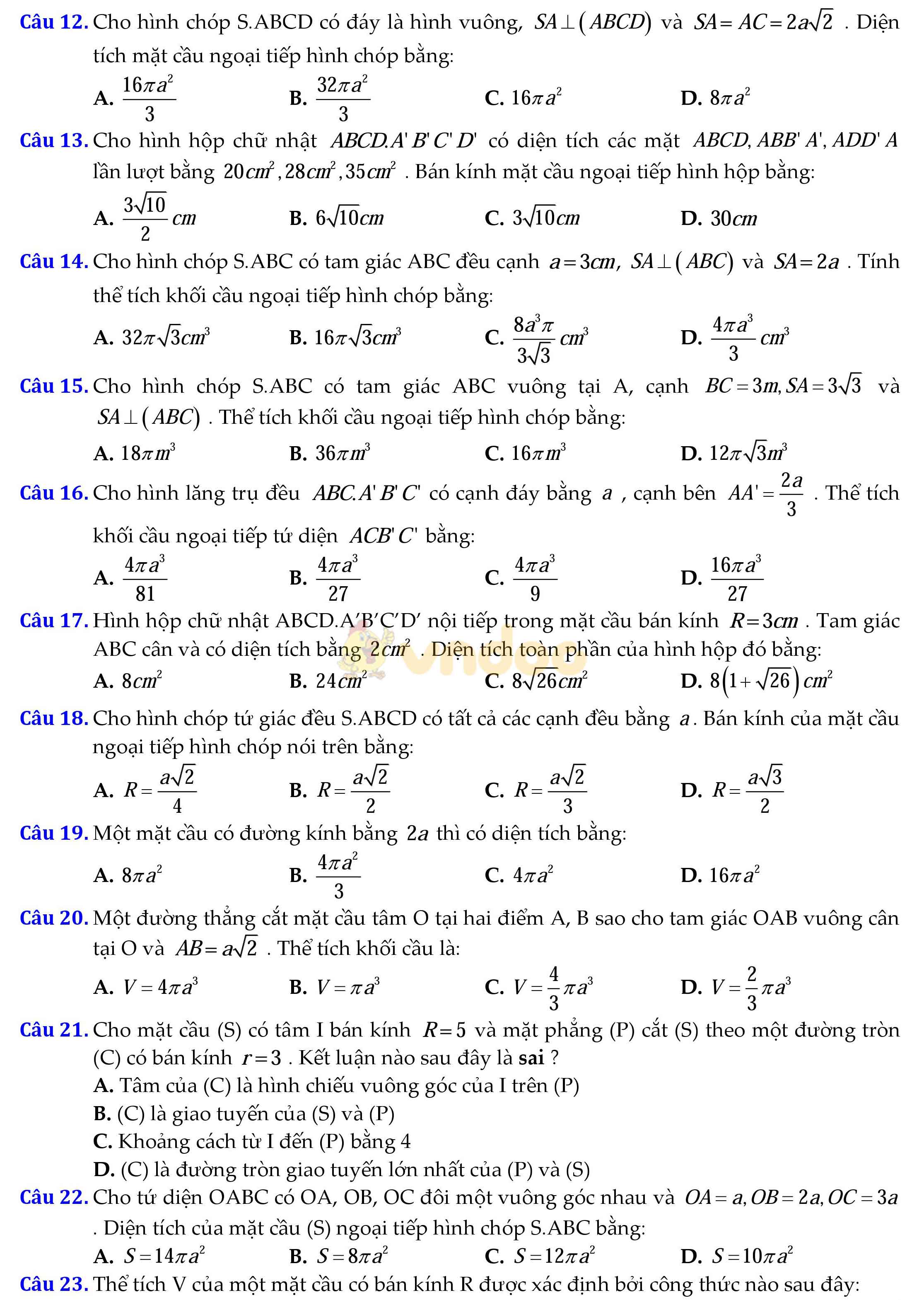 Câu hỏi trắc nghiệm ôn tập mặt cầu - hình cầu - khối cầu Câu hỏi trắc nghiệm ôn tập mặt cầu - hình cầu - khối cầu