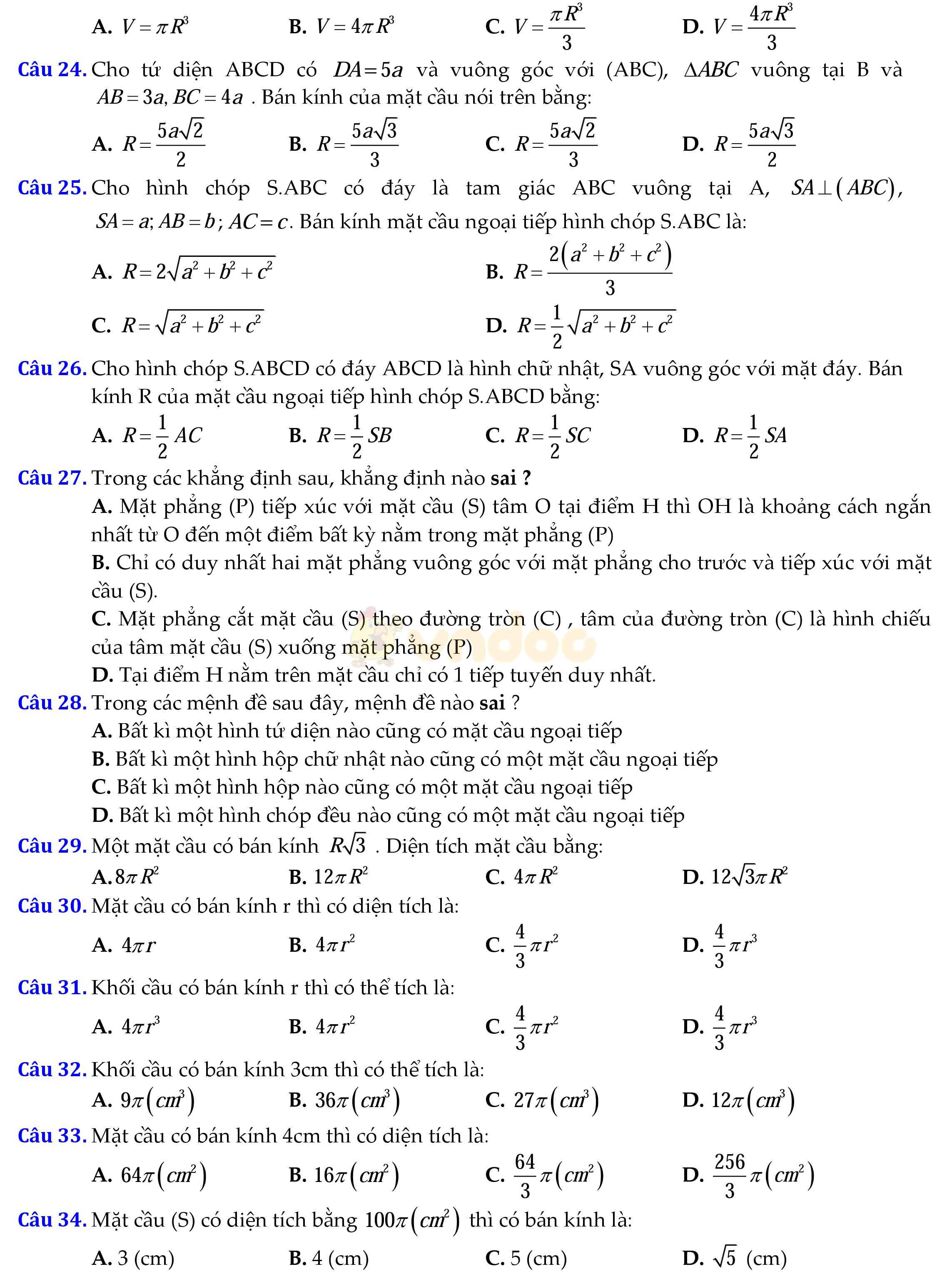Câu hỏi trắc nghiệm ôn tập mặt cầu - hình cầu - khối cầu Câu hỏi trắc nghiệm ôn tập mặt cầu - hình cầu - khối cầu