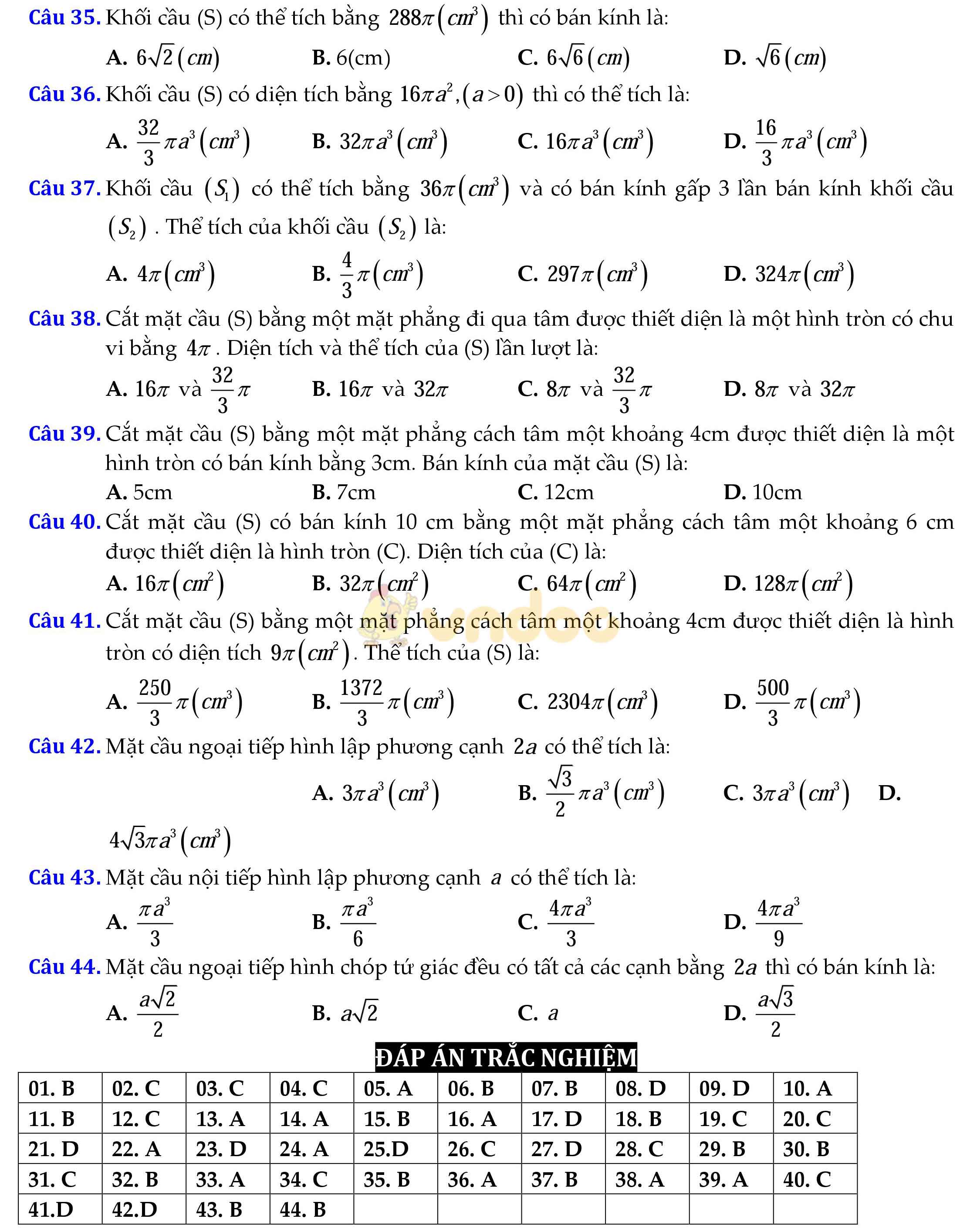 Câu hỏi trắc nghiệm ôn tập mặt cầu - hình cầu - khối cầu Câu hỏi trắc nghiệm ôn tập mặt cầu - hình cầu - khối cầu