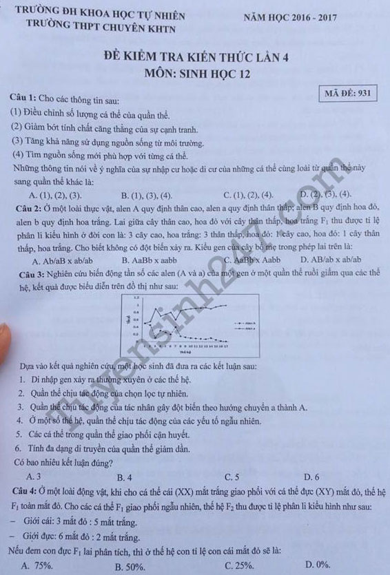 Đề thi thử THPT Quốc gia năm 2017 môn Sinh học