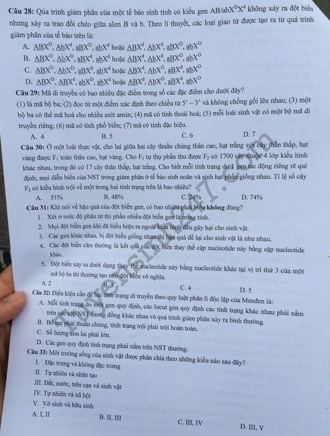 Đề thi thử THPT Quốc gia năm 2017 môn Sinh học
