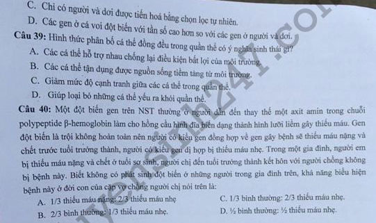 Đề thi thử THPT Quốc gia năm 2017 môn Sinh học