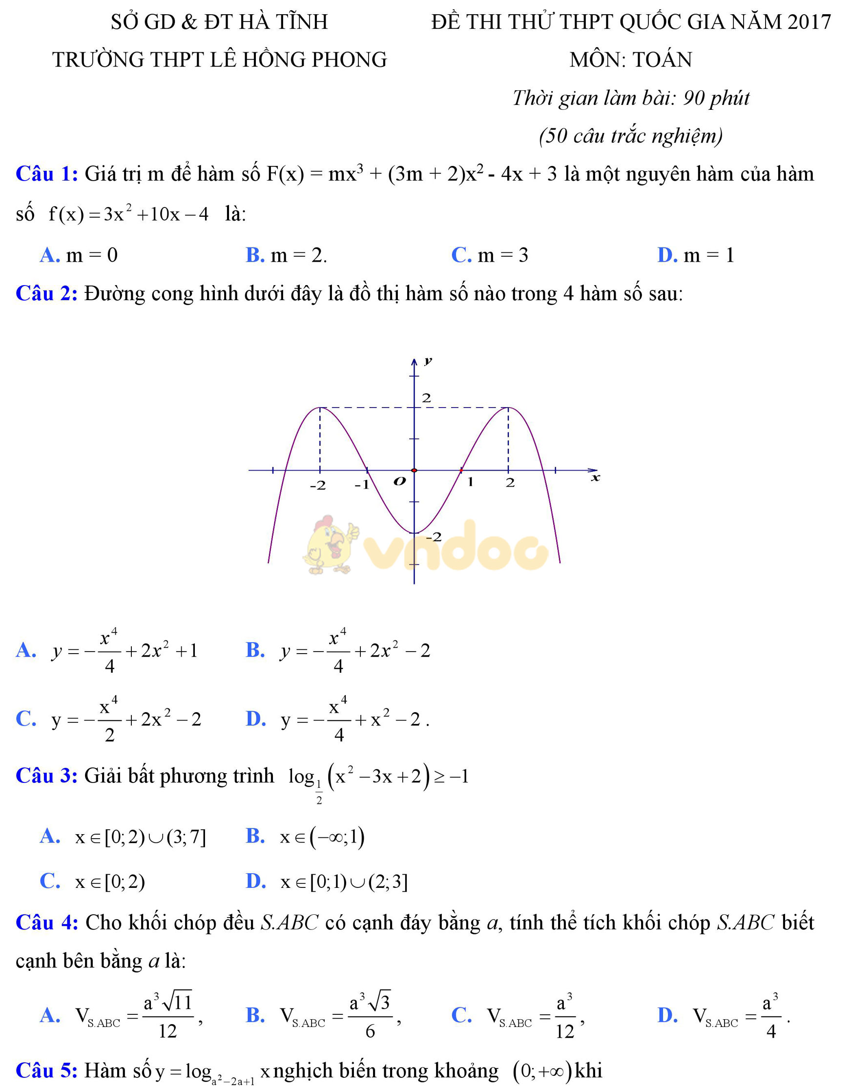 Đề thi thử THPT Quốc gia năm 2017 môn Toán