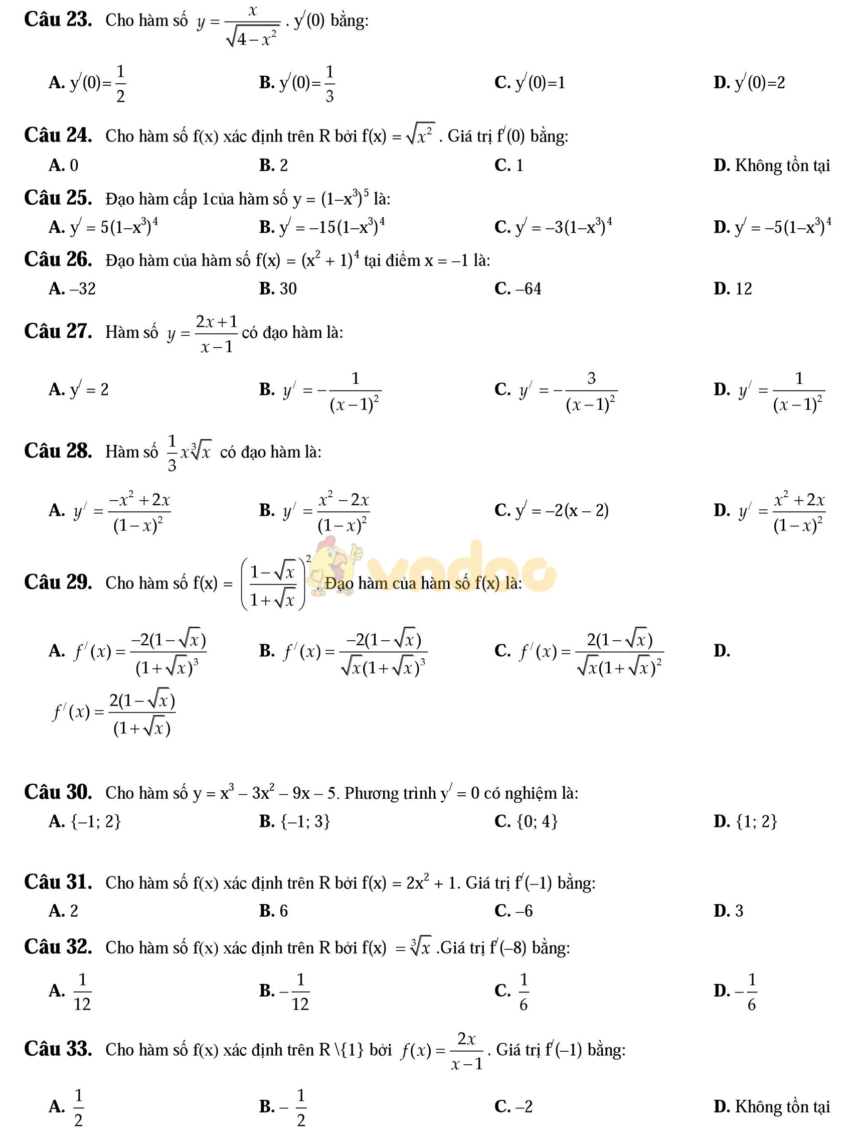 250 Bài tập trắc nghiệm đạo hàm