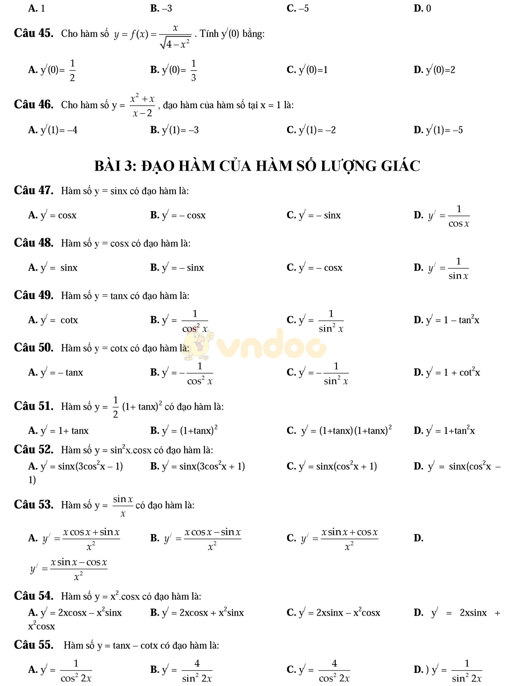 250 Bài tập trắc nghiệm đạo hàm