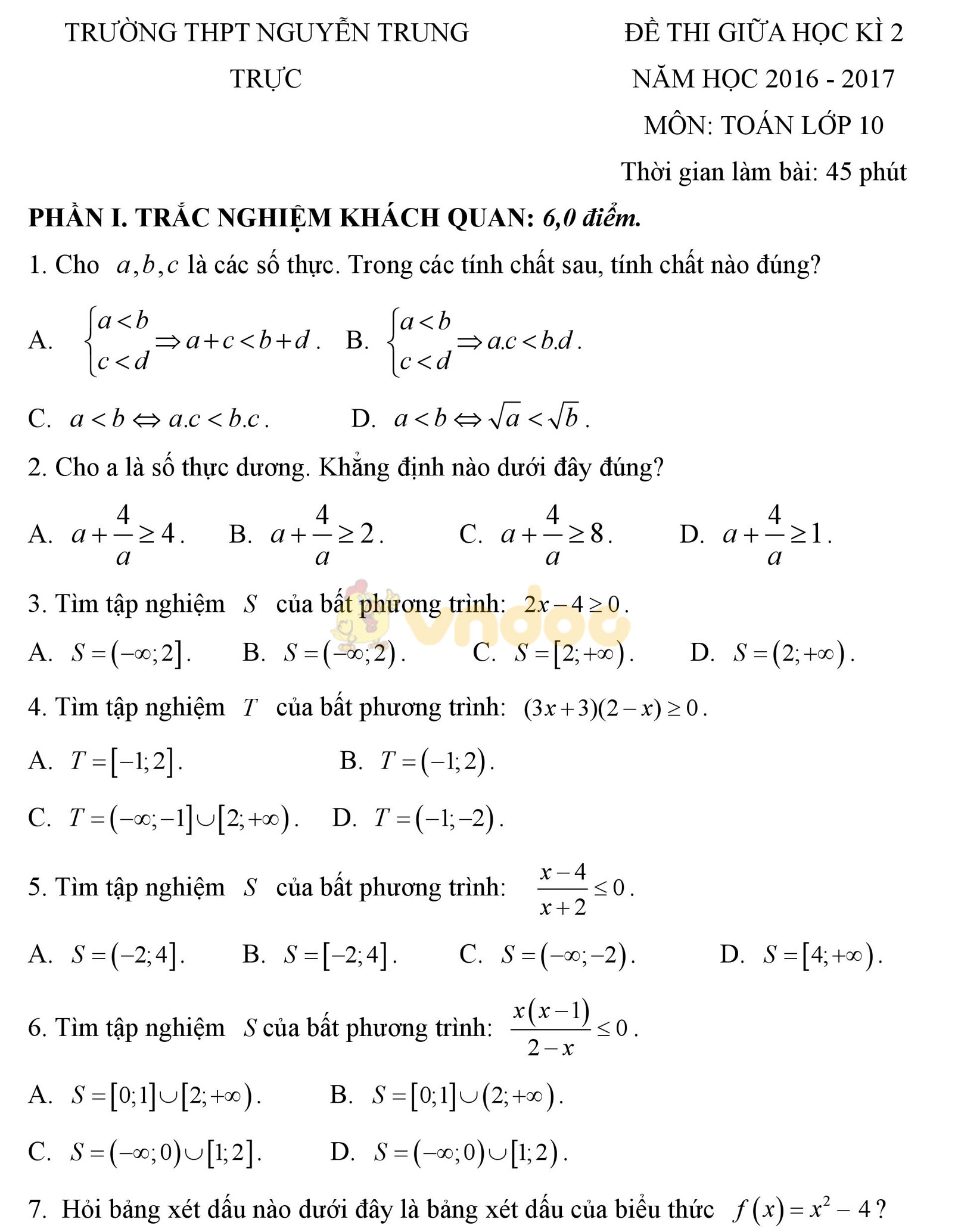 Đề thi giữa học kì 2 môn Toán lớp 10