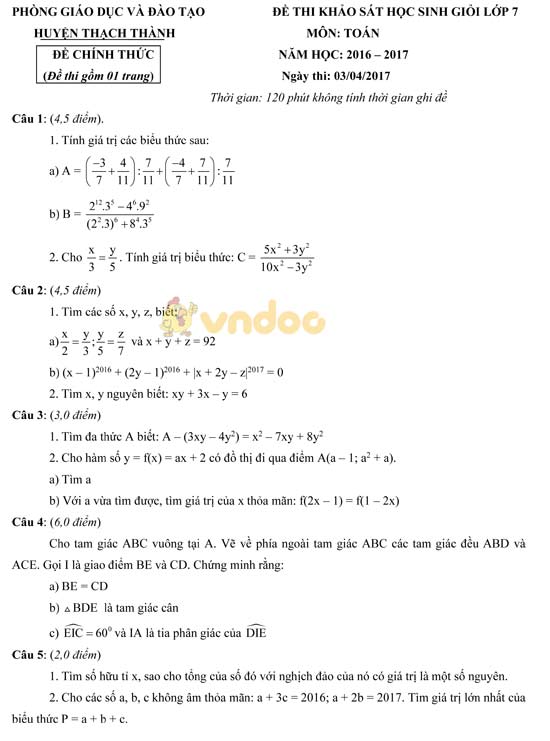 Đề thi học sinh giỏi lớp 7 môn Toán Đề thi học sinh giỏi lớp 7