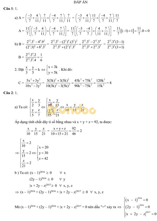 Đề thi học sinh giỏi lớp 7 môn Toán Đề thi học sinh giỏi lớp 7