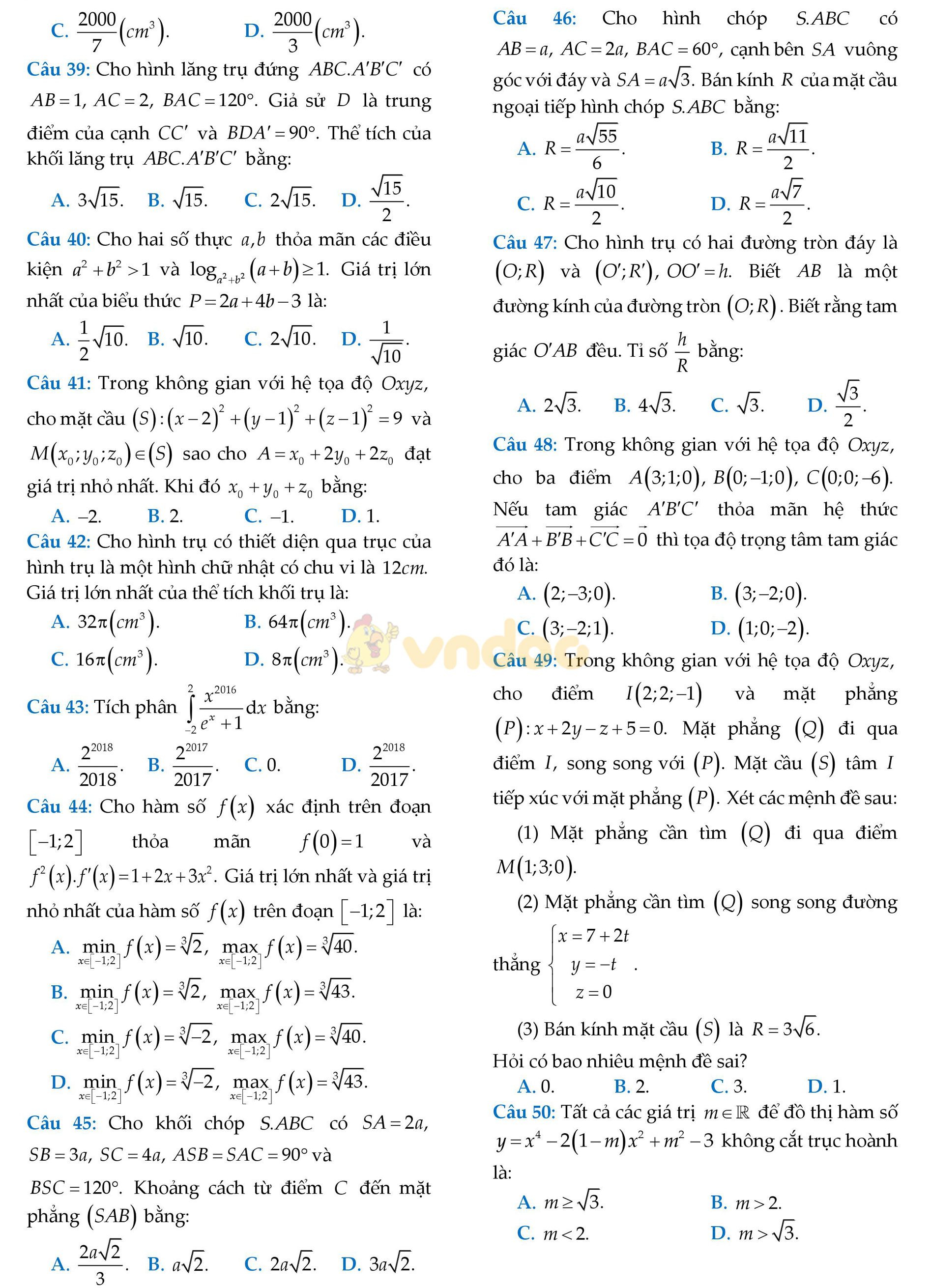 Đề thi thử THPT Quốc gia năm 2017 môn Toán