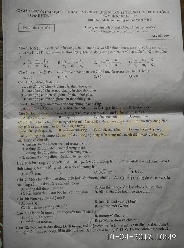Đề thi thử THPT Quốc gia năm 2017 môn Vật lý