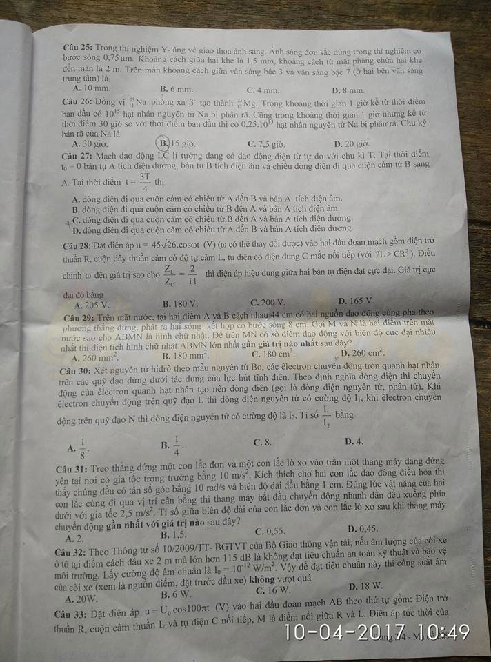 Đề thi thử THPT Quốc gia năm 2017 môn Vật lý