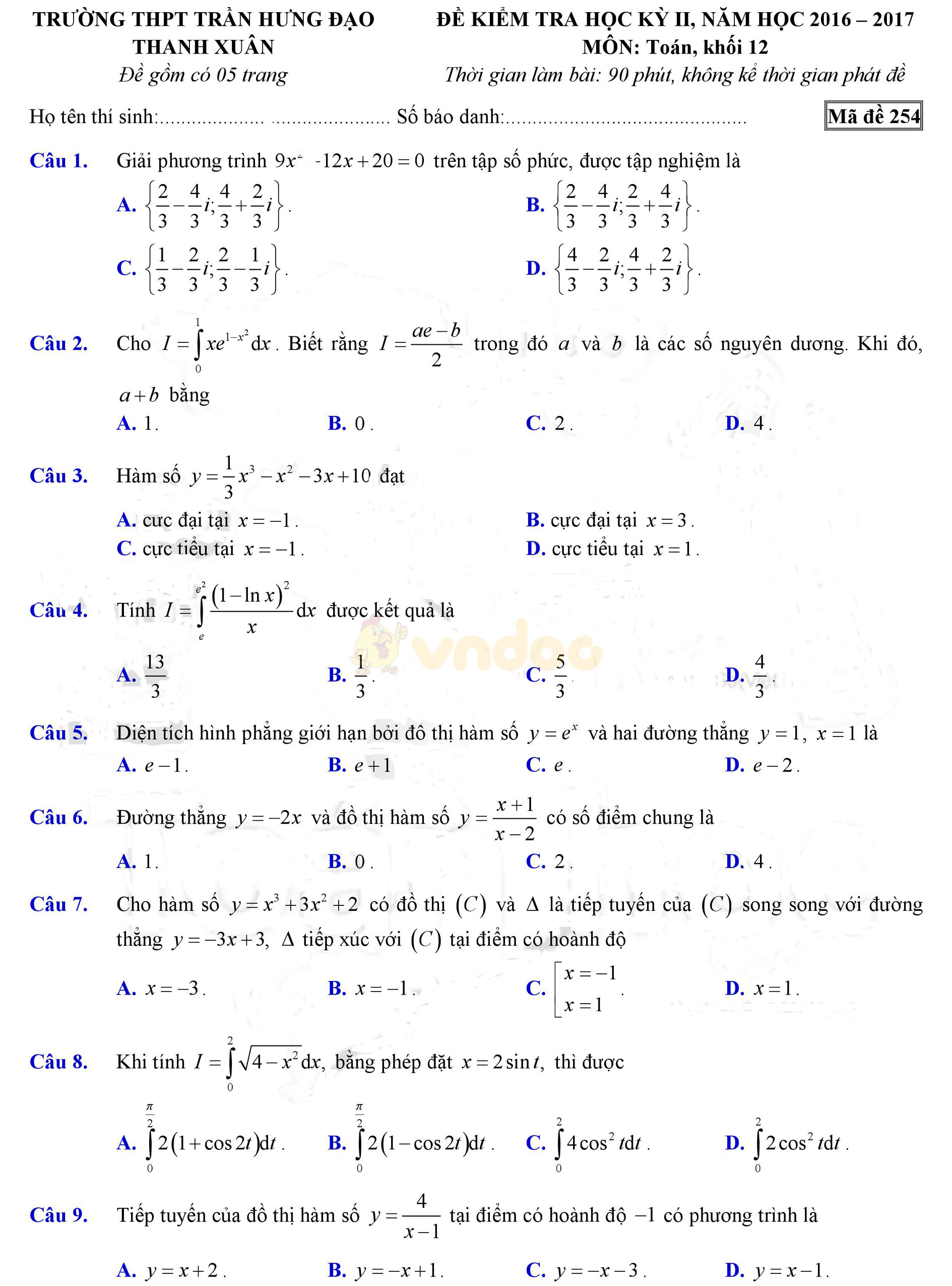Đề thi học kì 2 môn Toán lớp 12